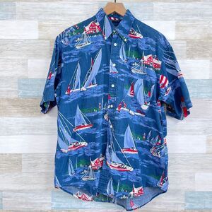 Nautica Vintage 90s Sailing Graphic Button Down Shirt Blue Short Sleeve Medium